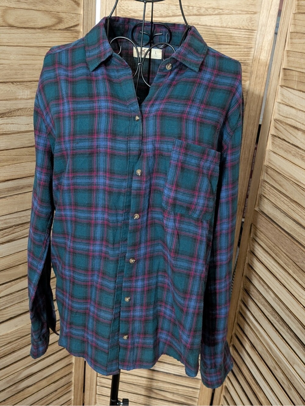Hollister Shirt Men L Button-Up Green Plaid Pocket Collared Long Sleeve Flannel